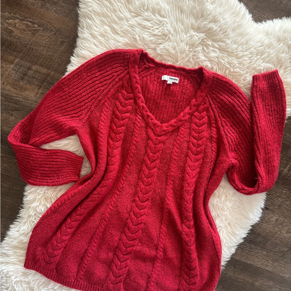 Sonoma Red V-Neck Cable Knit Sweater